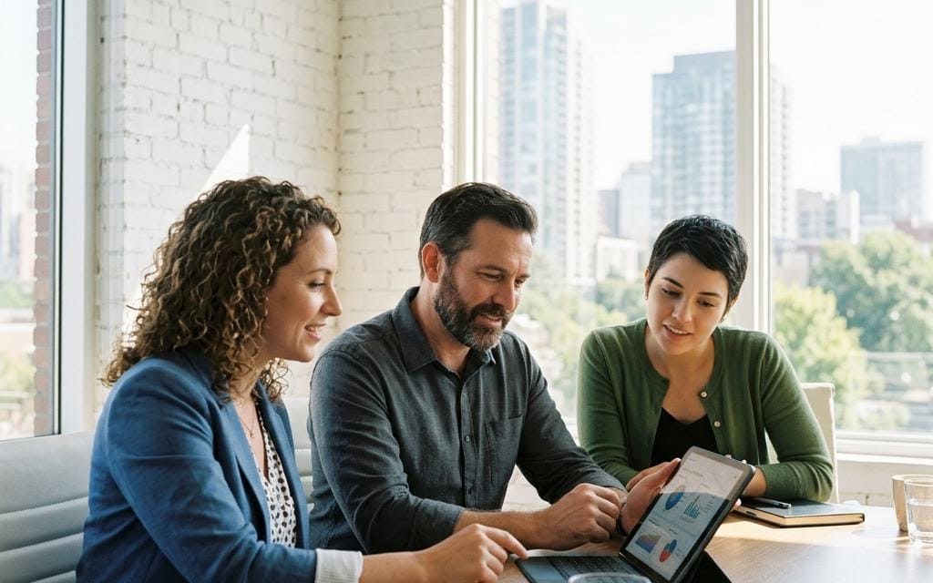 Three colleagues comparing a tablet at a bright meeting table