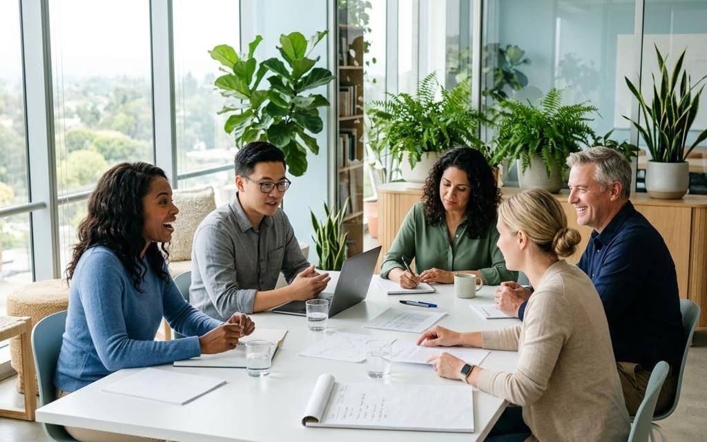 A small team comparing paperwork at a white conference table
