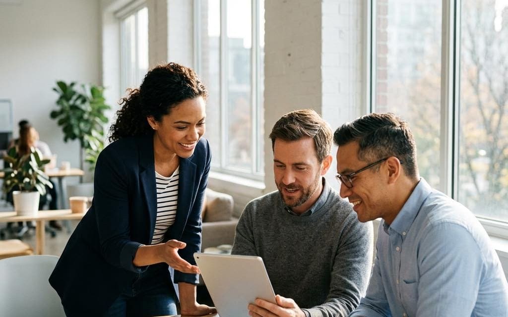 Three coworkers reviewing documents together at an office table