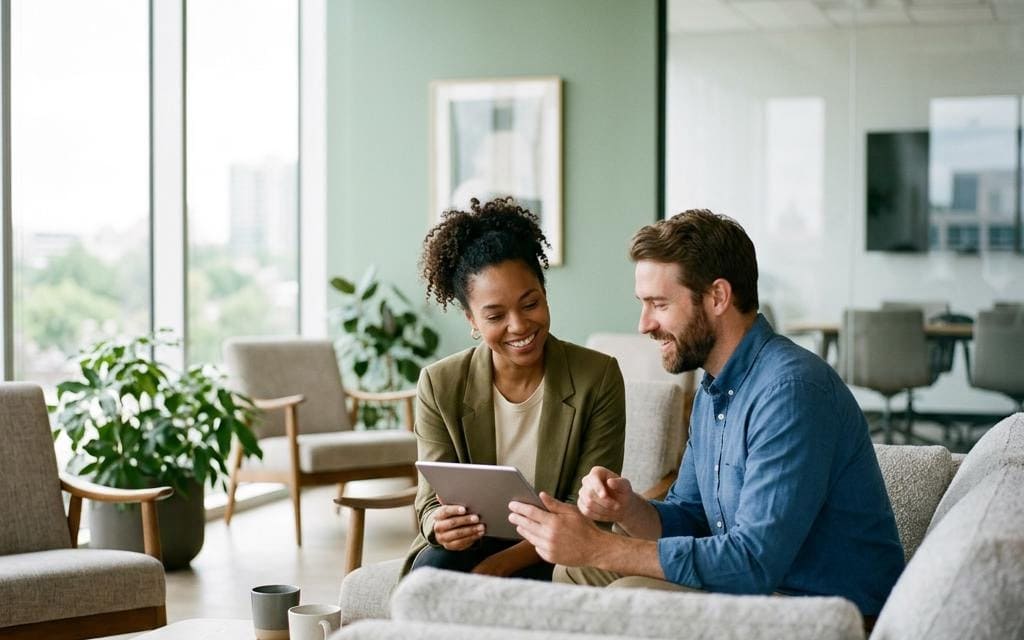 Two coworkers comparing a tablet in an office lounge