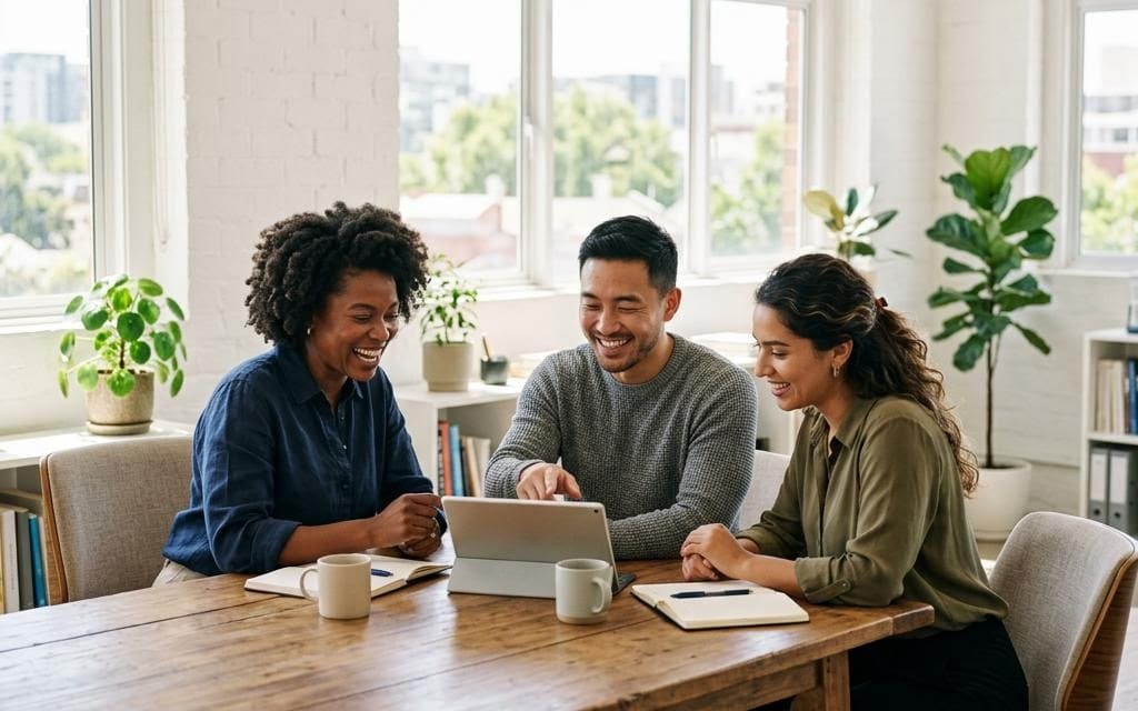 Three colleagues collaborating around a tablet in a bright office