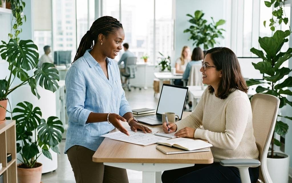 A standing colleague discussing paperwork with a seated coworker