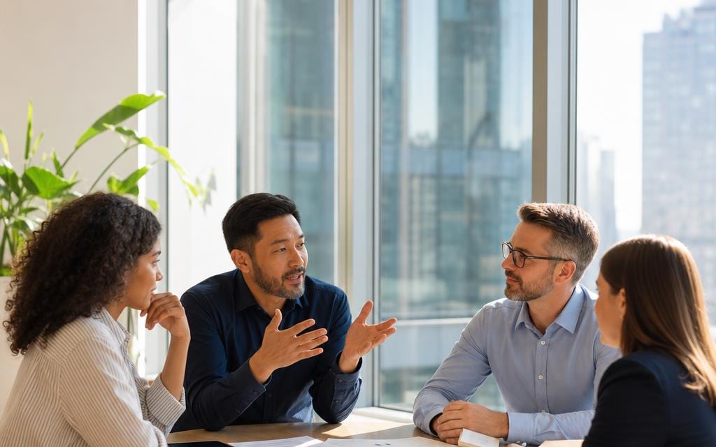 Four people around a round table reviewing documents in a grant discussion