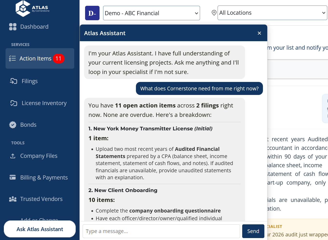 Screenshot of the Atlas Assistant chat feature for licensing support